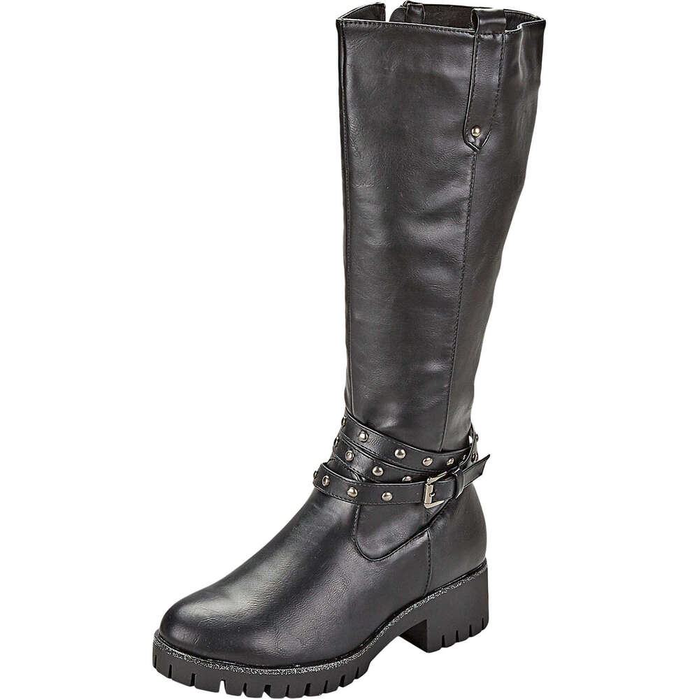 Warm gefütterte Winterstiefel für Damen mit Schnallen und Nieten im Biker-Look